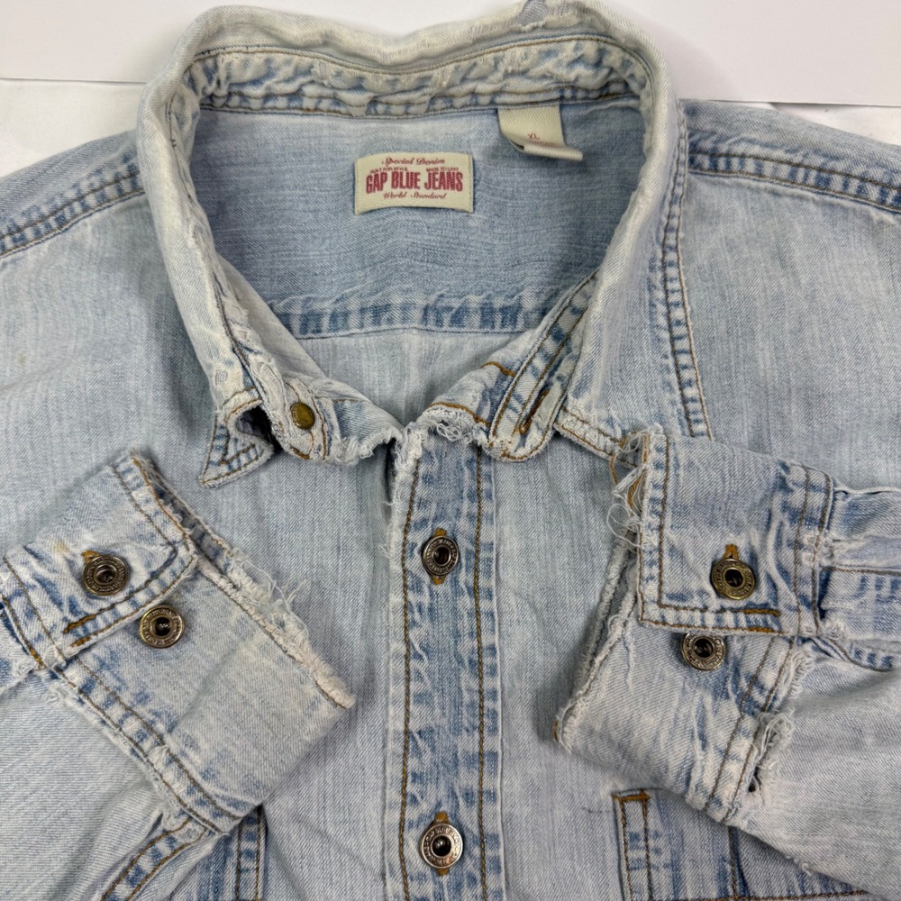 VTG 90s 00s Gap Blue Jean Denim Button Up Shirt Thrashed Paint Splatted Workwear